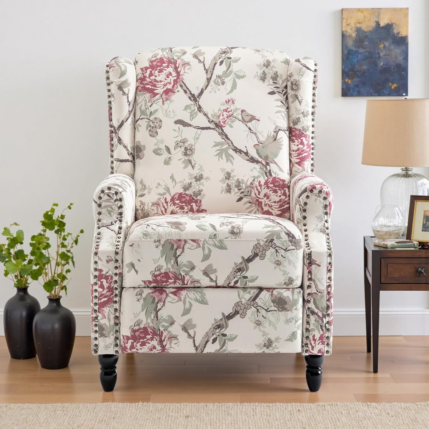 UIXE Recliner Chairs Set of 2, Fabric Armchair Upholstered Pushback Accent Chair for Living Room, Rivet Trim Club Chair Home Theater Single Sofa Bedroom Side Reading Seat - Beige Floral