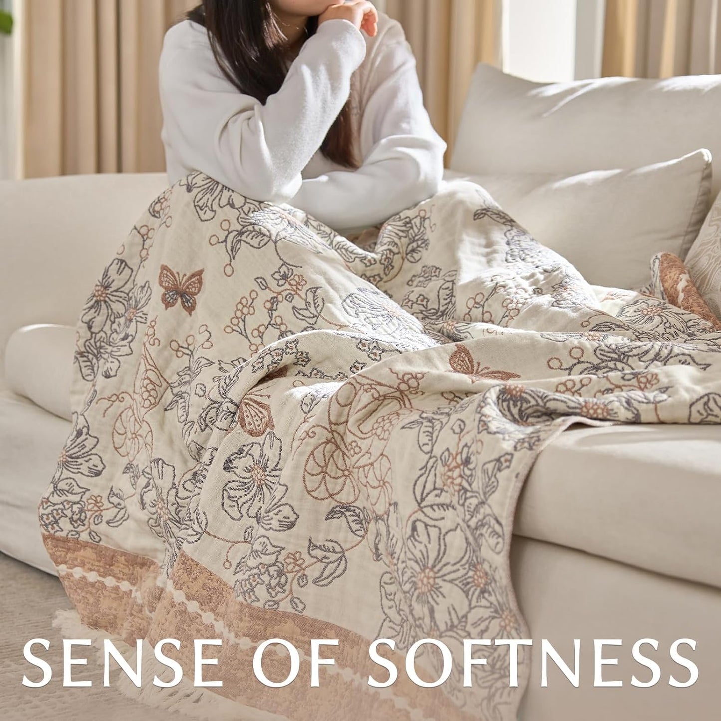 JINCHAN Boho Floral 100% Cotton Blanket 4-Layer Throw Blanket with Tassel Taupe and White Flower Butterfly Soft Luxury Rustic Farmhouse Decor Blanket for Couch Bed 80x90 inch All Season gift for women