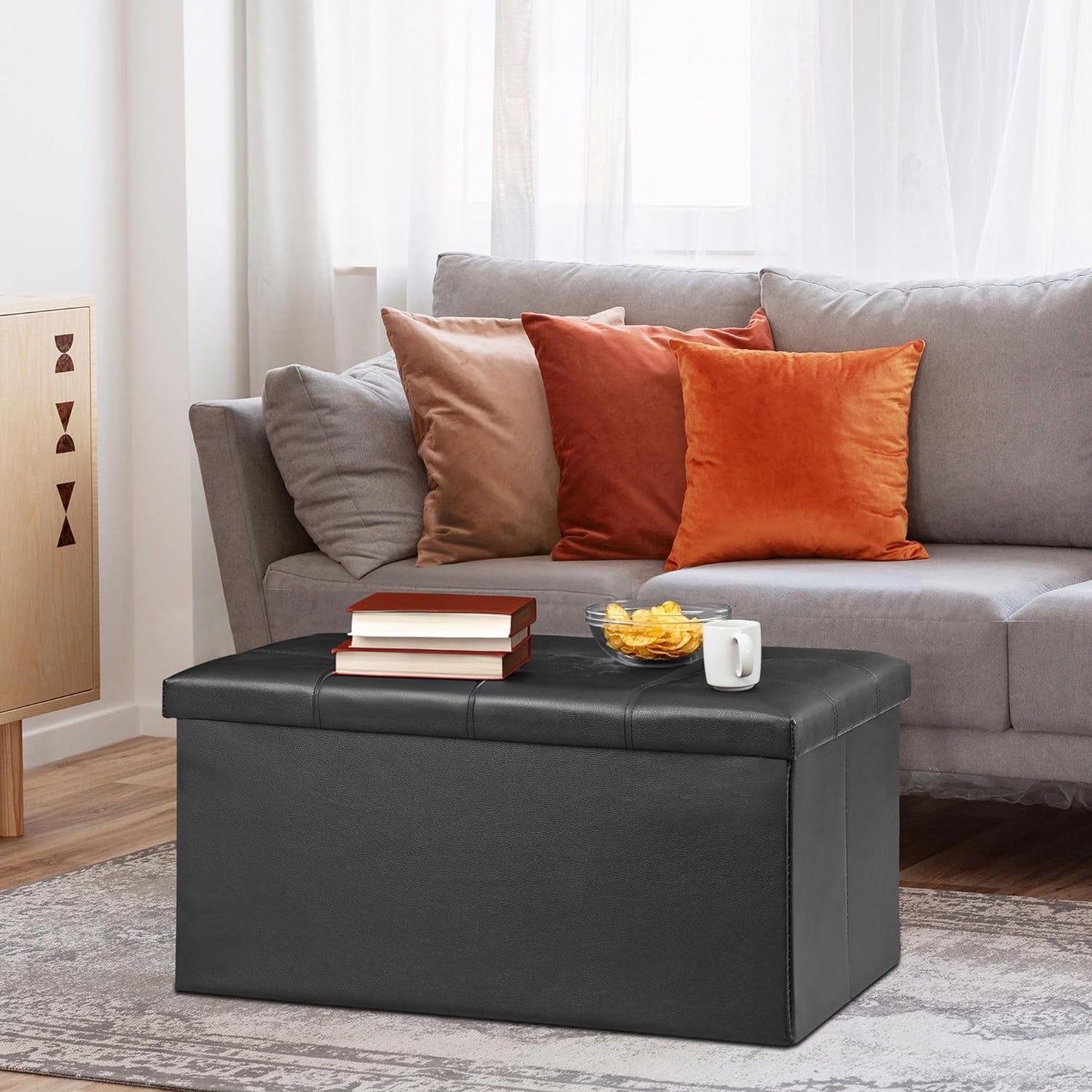 SUPER DEAL 30 inches Folding Ottoman with Storage, Bedroom Footrest Bench, Rectangle Sotrage Chest for Living Room Entryway, 30"x15"x15", 85L, Faux Leather, Black