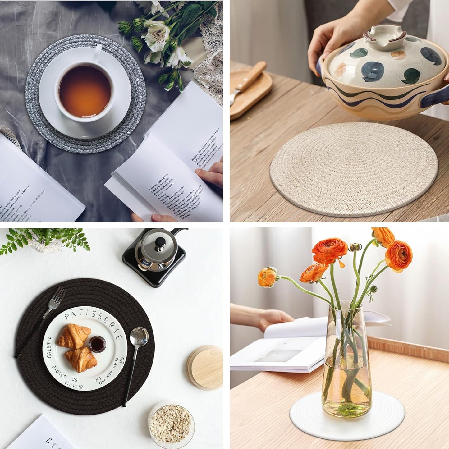 Round Placemats Set of 6, Cotton Rope Woven Table Mats, Hot Pads for Kitchen, Non Slip Heat Resistant Place Mats, 13 Inches Braided Placemat for Farmhouse Decor and Kitchen Table Decor (Gray)