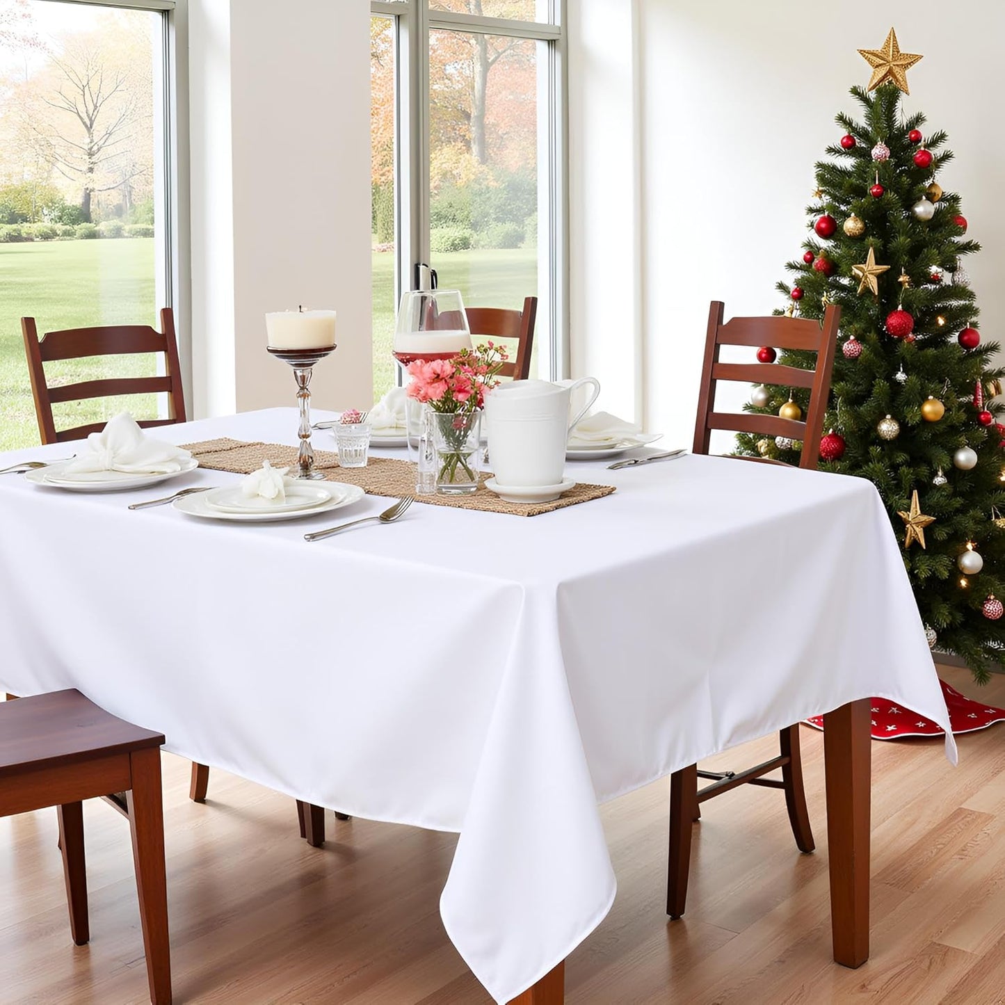 sancua Square Tablecloth - 70 x 70 Inch - Water Resistant Spill Proof Washable Polyester Table Cloth, Decorative Fabric Table Cover for Dining Tables, Buffet Parties and Camping, White