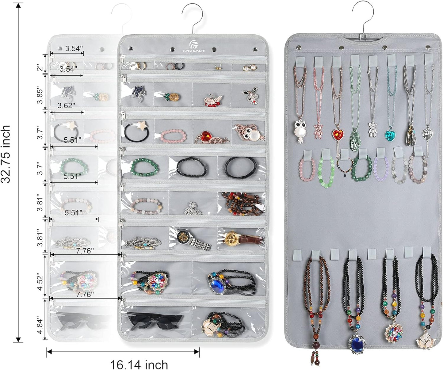 Freegrace Hanging Jewelry Organizer Revolving Hanger - Secure Zipper Closure - 25 Pockets,23 Hooks - Foldable Storage & Display Solution - For All Jewelry & Bijoux (Gray)