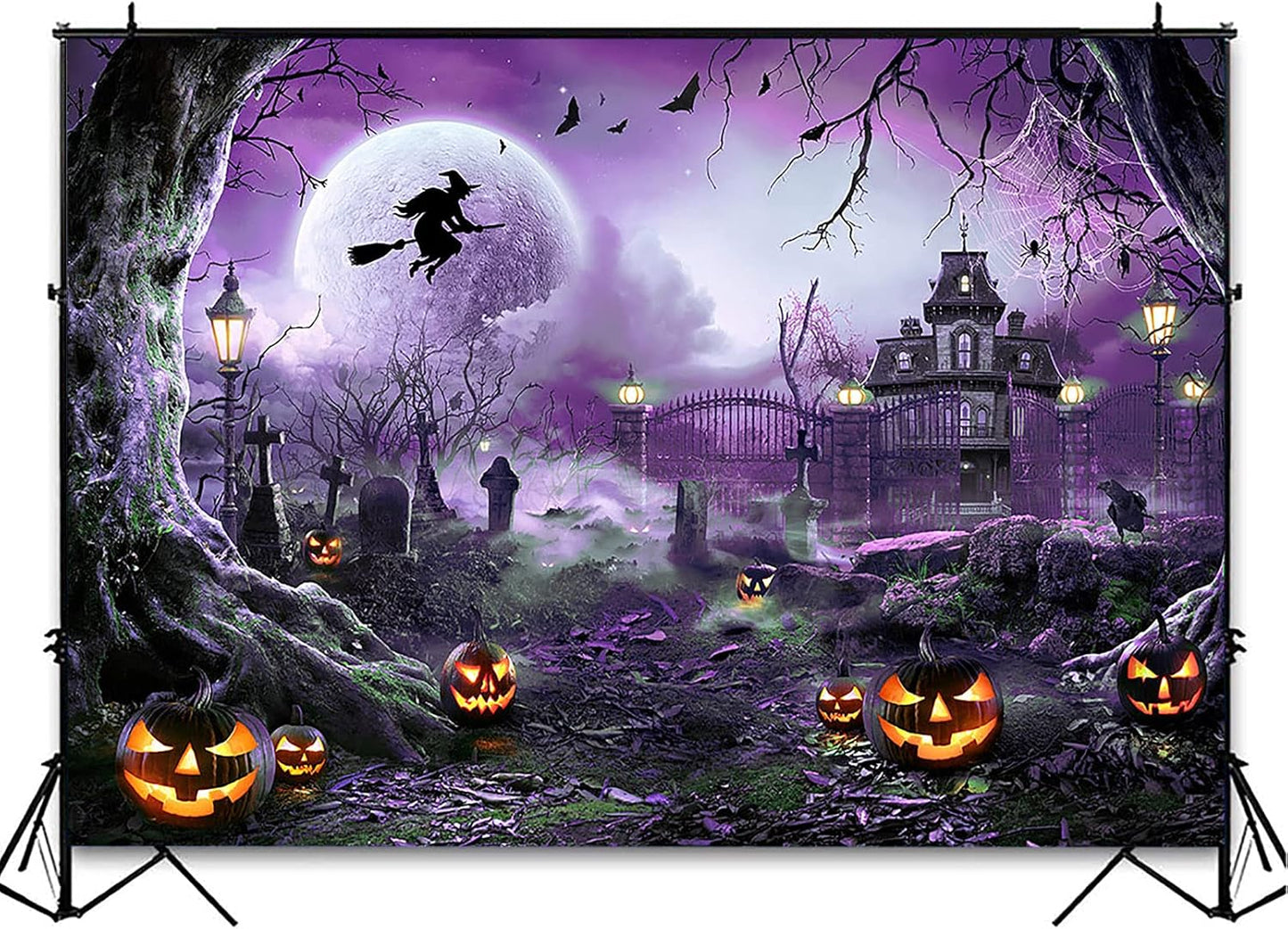 Avezano Halloween Photography Backdrop Full Moon Scary Night Castle Pumpkins Party Background Spooky Witch Bats Cemetery Child Kids Halloween Party Decorations Photoshoot Backdrops (10x7ft, Purple)