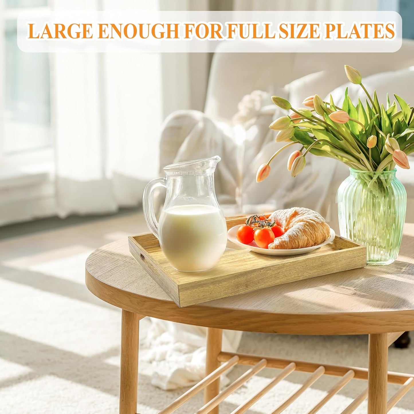 3 Pack Acacia Wood Serving Tray with Handles, Decorative Serving Trays Platter for Breakfast in Bed, Lunch, Dinner, Patio, Ottoman, Coffee Table, BBQ, Party, Great for Lap &Couch (Set of 3)