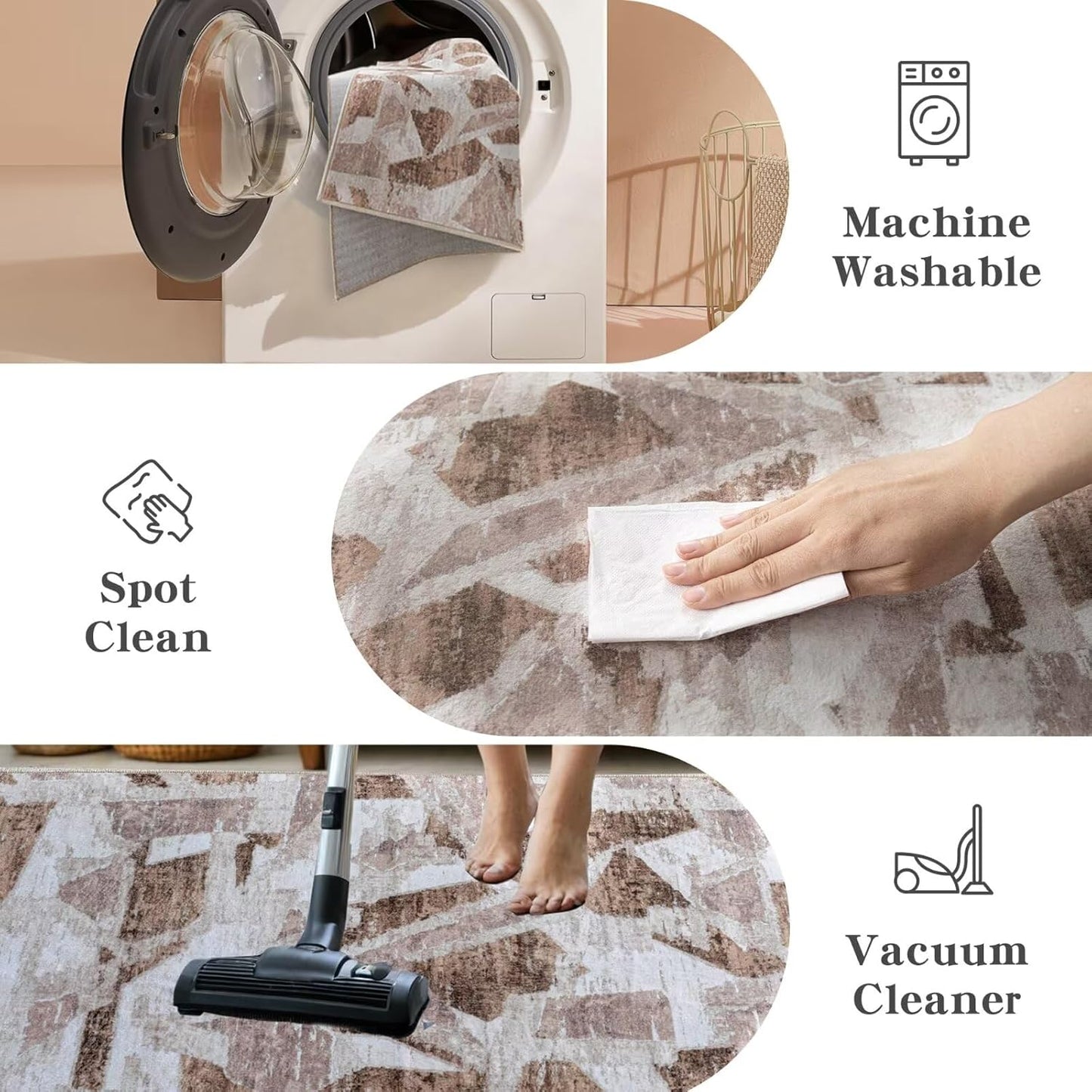 Modern Abstract 6X9 Area Rug for Living Room Bedroom Washable, with Non-Slip Rubber Backing Print Faux Wool Thin, Brown Throw Large Carpet for Kids Playroom Dining Room Pet & Child Friendly