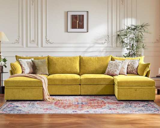 134.6" Oversized Modular Sectional Sofa, 6 Seater U Shaped Couch with Storage Ottoman with Reversible Chaise Deep Seat for Living Room, Apartment - Chenille Yellow