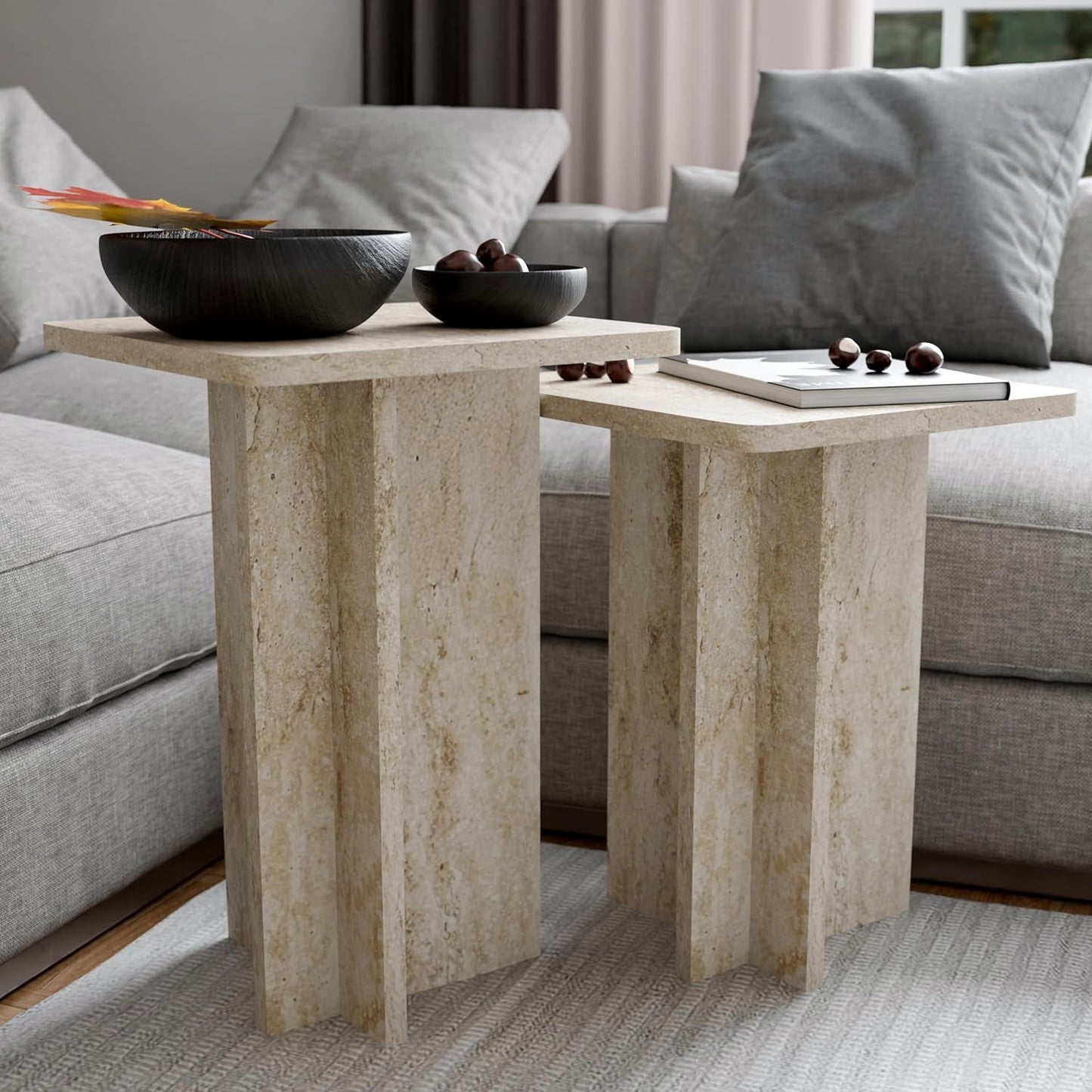 Travertine Efect Square Nesting Table Set of 2 Modern Coffee Table Small Side Table End Table for Living Room