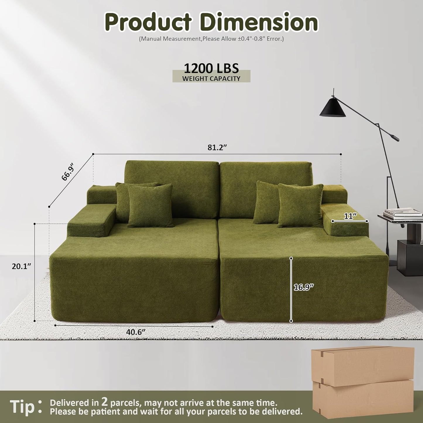 ovios 81" Oversized Sectional Double Lounge Chaise with Cloud Plush Sofa Bed, No Assembly Required, Fluffy Modern Sleeper Loveseat Chair for Indoor Living Room Bedroom Reading, Green (Cloud Velvet)