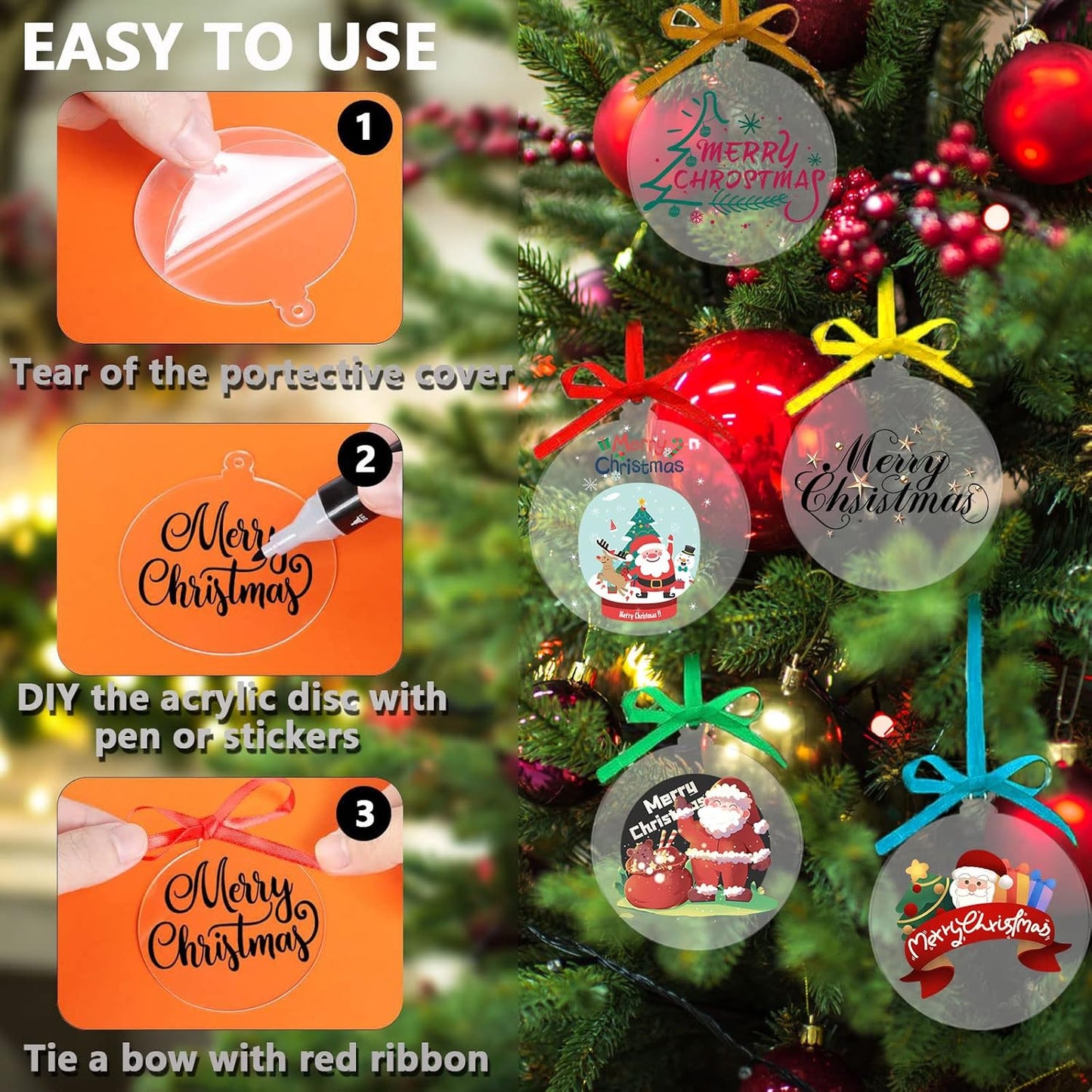 40 Pieces Christmas Hanging Ornaments Set 3''Christmas Ornament Acrylic Blank with 50Pcs 25 Color Ribbons for Christmas Tree DIY Decor (Classic Circle, 40.00)