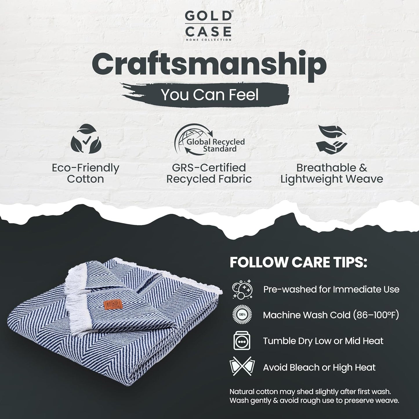 Gold Case Throw Blanket for Couch – 100% Recycled Turkish Cotton Blankets & Throws – Elegant Decorative Throw Blankets for Living Room Sofa – Woven Throws for Couch – Elegant Navy Blue – 50x60