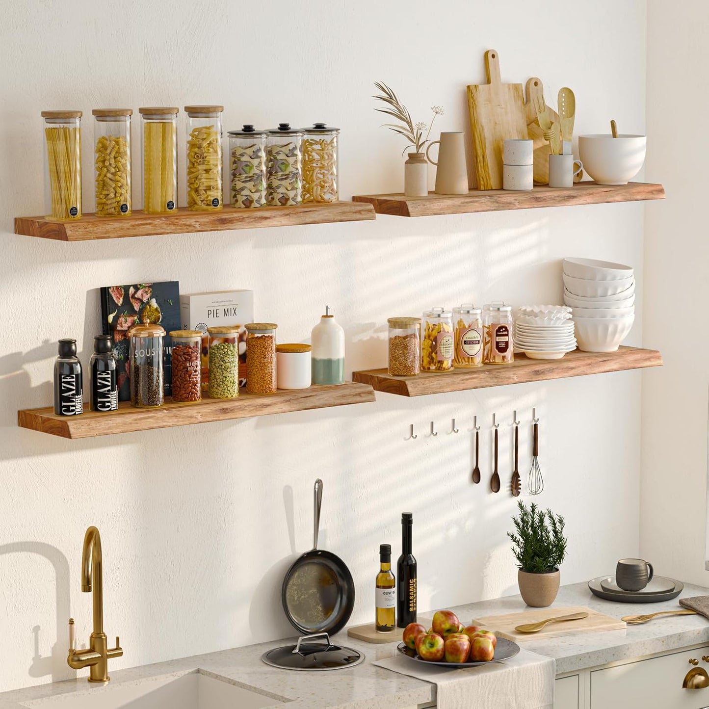 55 Inch Floating Shelves, Rustic Live Edge Elm Wood Shelves for Wall, Heavy-Duty Long Floating Shelf with Invisible Bracket, Wall Mounted Storage Shelves for Books, Bathroom, Kitchen, Natural Finish