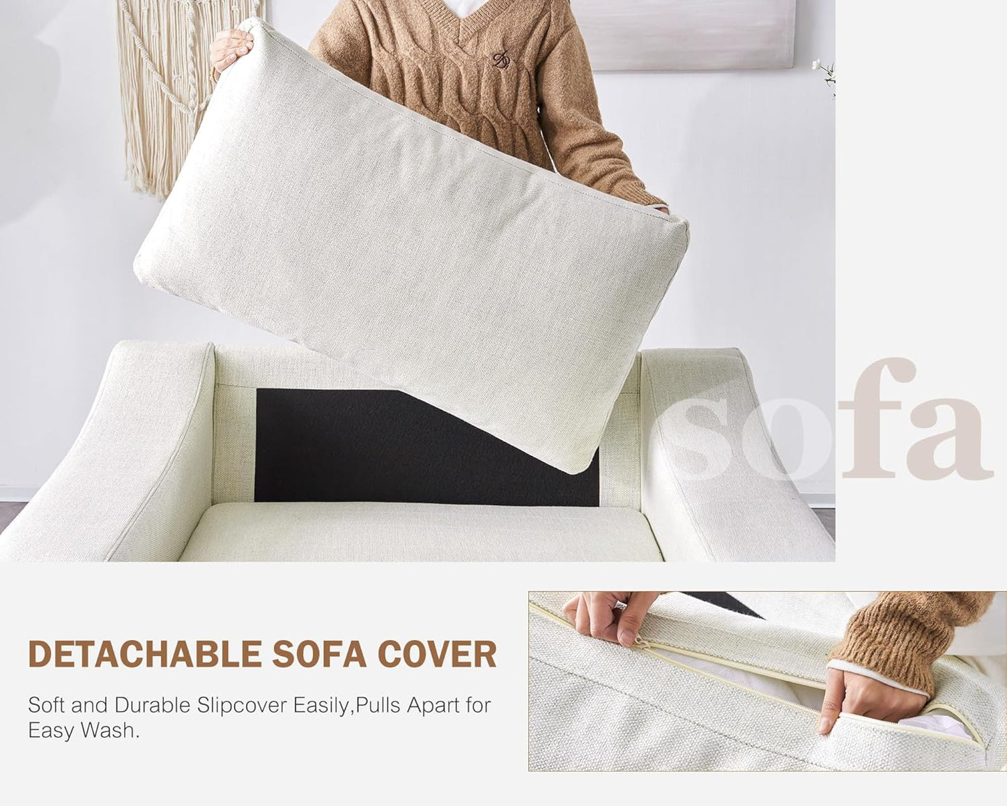 L Shaped Sectional Sofa with Detachable Sofa Cover,Rolled Armrest,Sectional Modular Couch for Living Room,Breathable Linen Fabric Corner Couch with 7 Seats for Apartment,Removable Cushion,Ivory