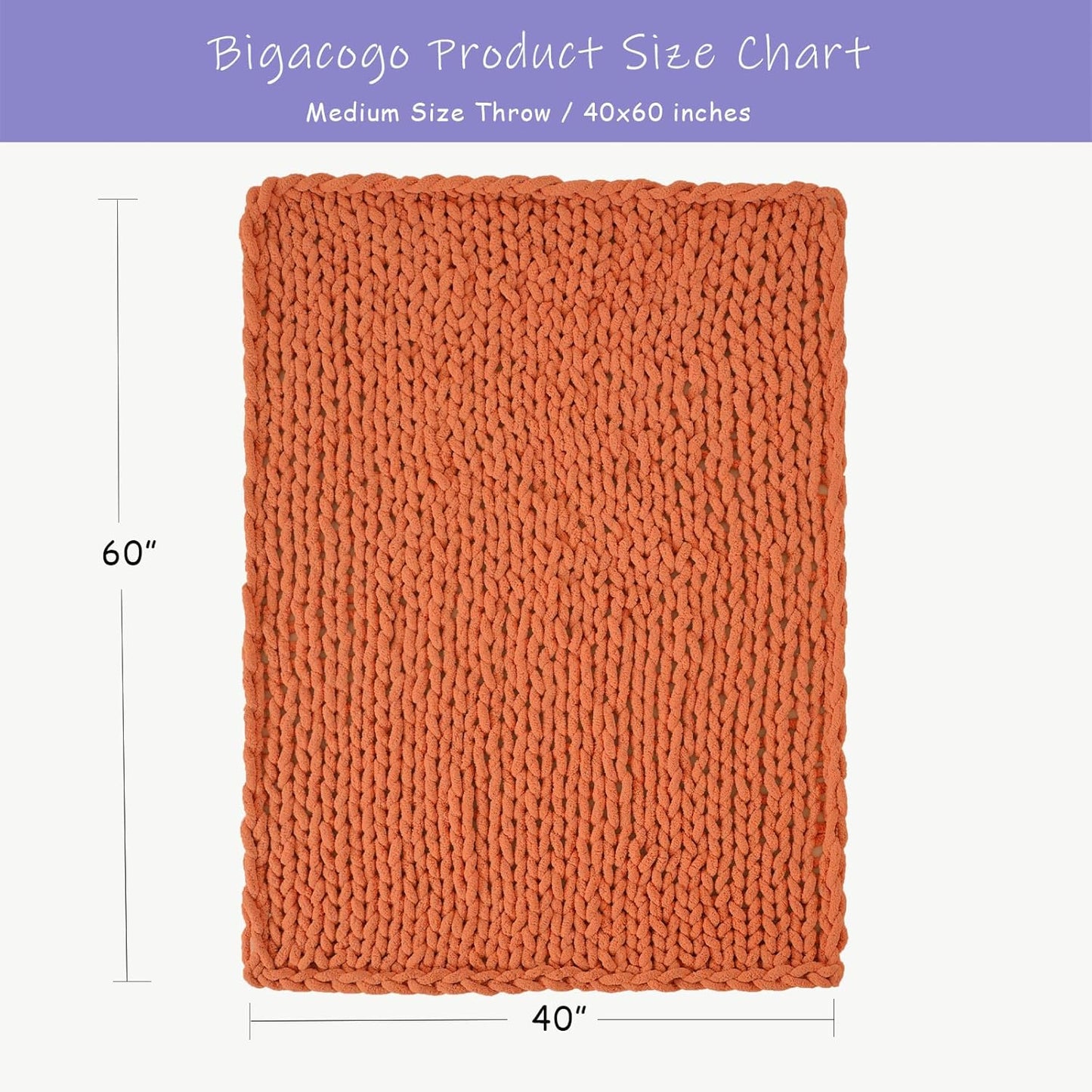 Bigacogo Chunky Knit Throw Blanket for Couch, 40x60 inches, 100% Hand Knitted with Thick Jumbo Chenille Yarn, Cozy Soft Large Rope Knot Cable Crochet Blankets for Sofa Bed Living Room, Terracotta