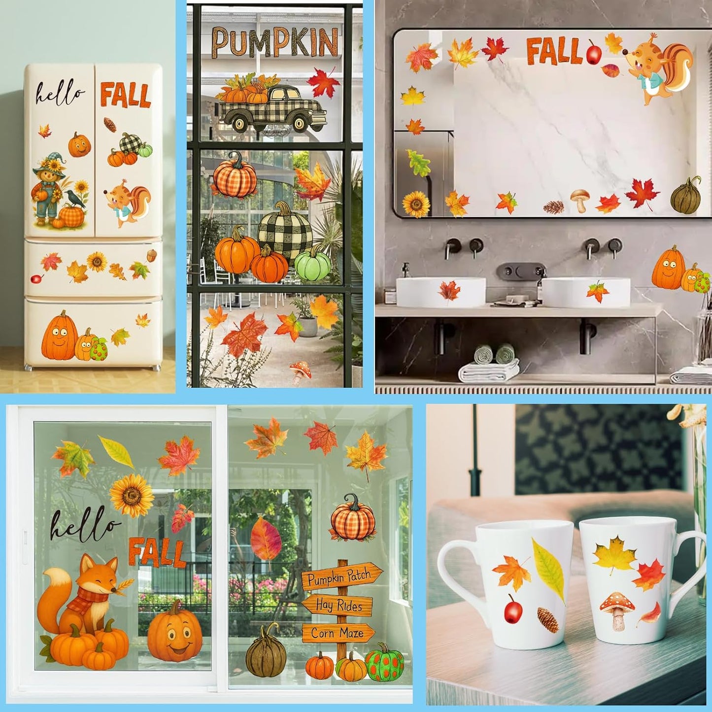 DC-BEAUTIFUL 153 Pcs Fall Window Clings, 12 Sheets Double Sided Autumn Pumpkin Scarecrow Maple Leaf Glass Stickers, Reusable Static Thanksgiving Window Decals Party Decors for Home Office School Shop