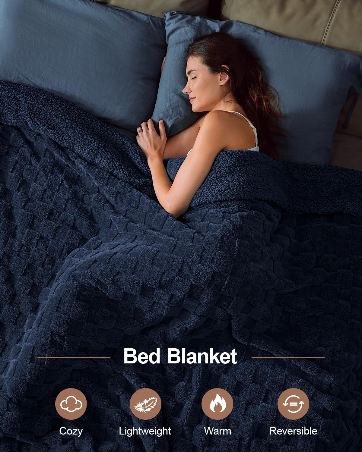 Pawque Super Soft Cozy Throw Blanket King Size for Couch Bed, Fluffy Sherpa Fleece Reversible Thick Warm Fuzzy Blanket for All-Season, 3D Checkered Jacquard Decorative Blankets, Navy Blue, 108"x90"