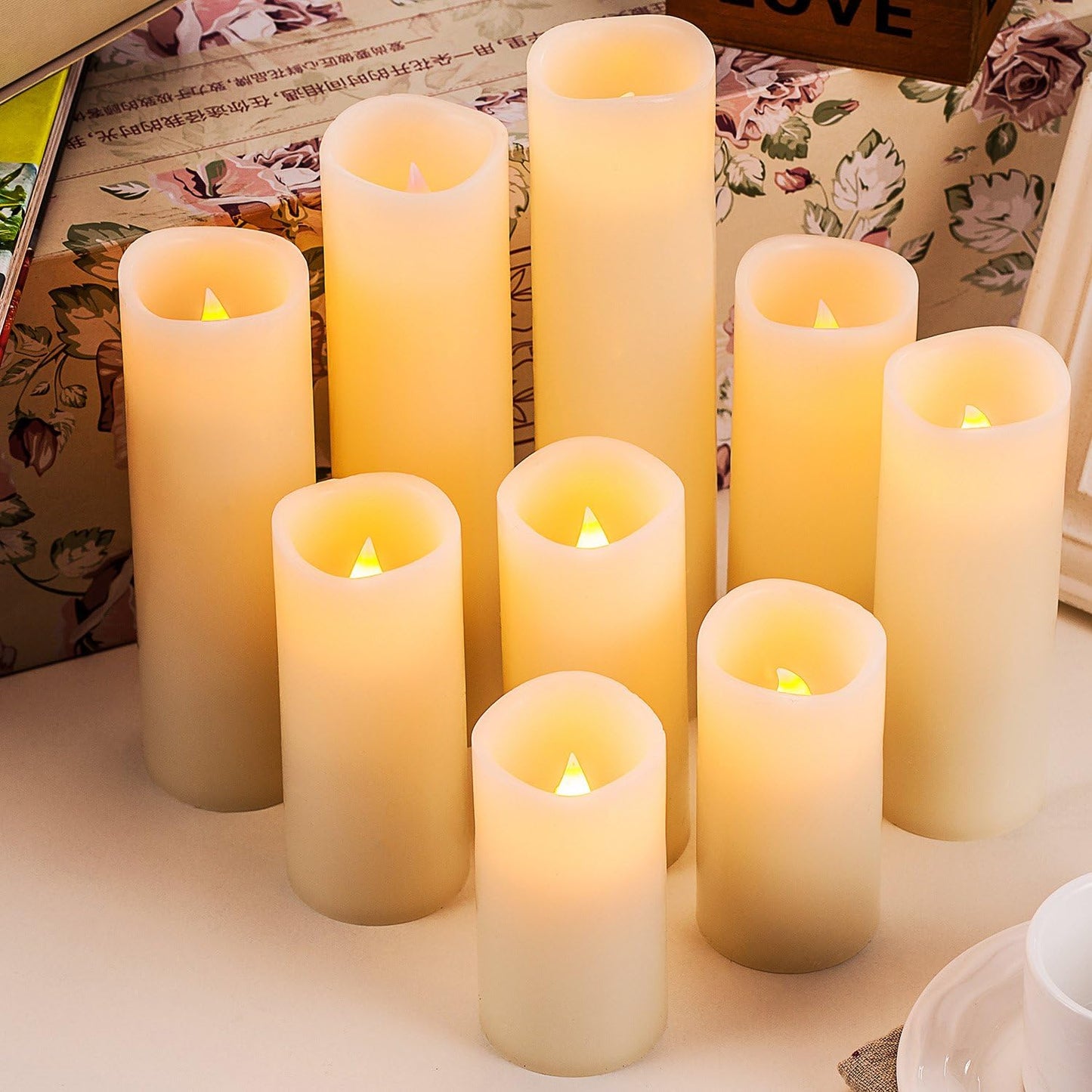 Flameless Candles Battery Operated Candles 4" 5" 6" 7" 8" 9" Set of 9 Ivory Real Wax Pillar LED Candles with 10-Key Remote and Cycling 24 Hours Timer