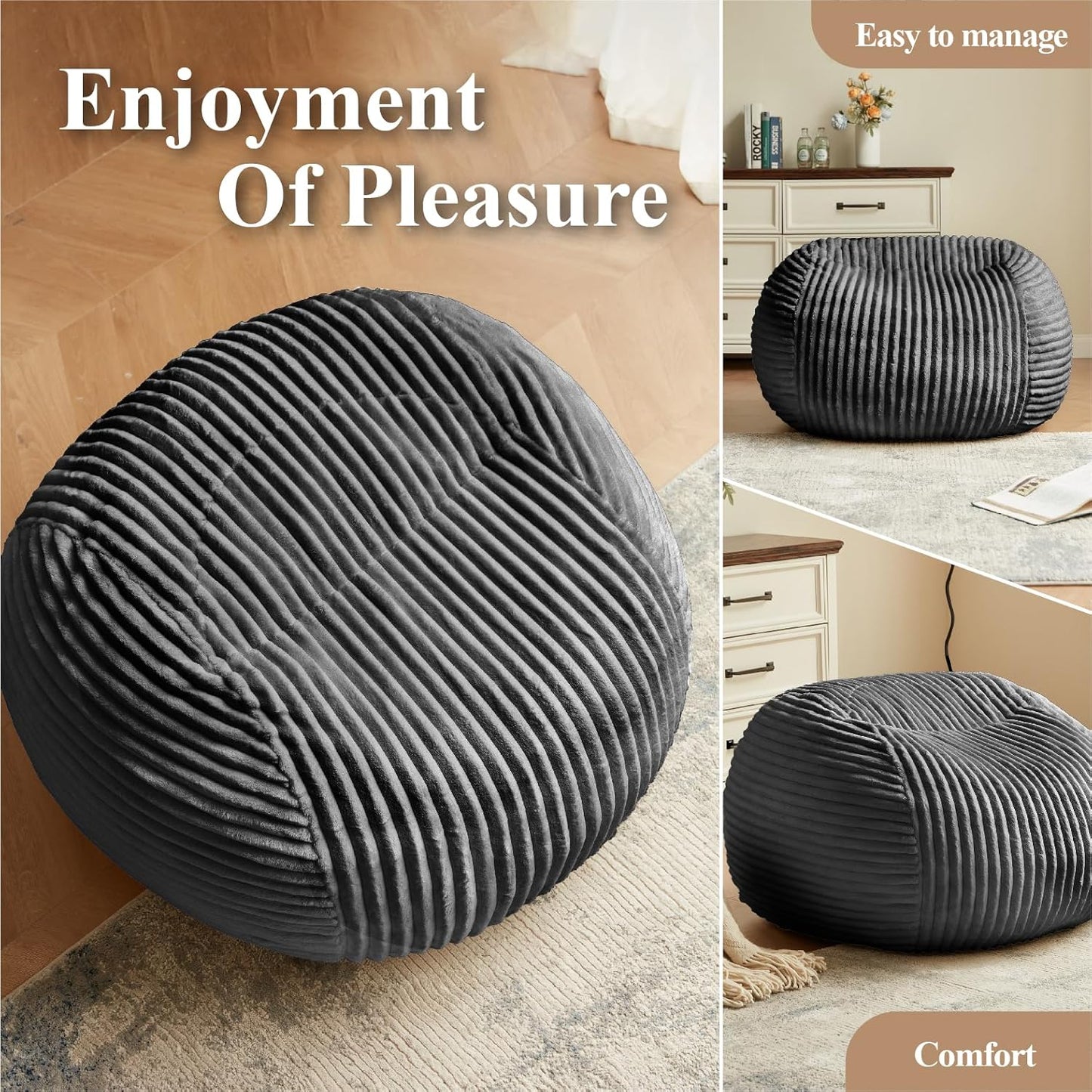 Premium Beige Bean Bag Chair for Adults with Armrest- Ultra Plush Memory Foam Lounge Sofa & Comfy Reading Nook Chair for Bedroom, Living Room & Dorm (Gray, 4FT)