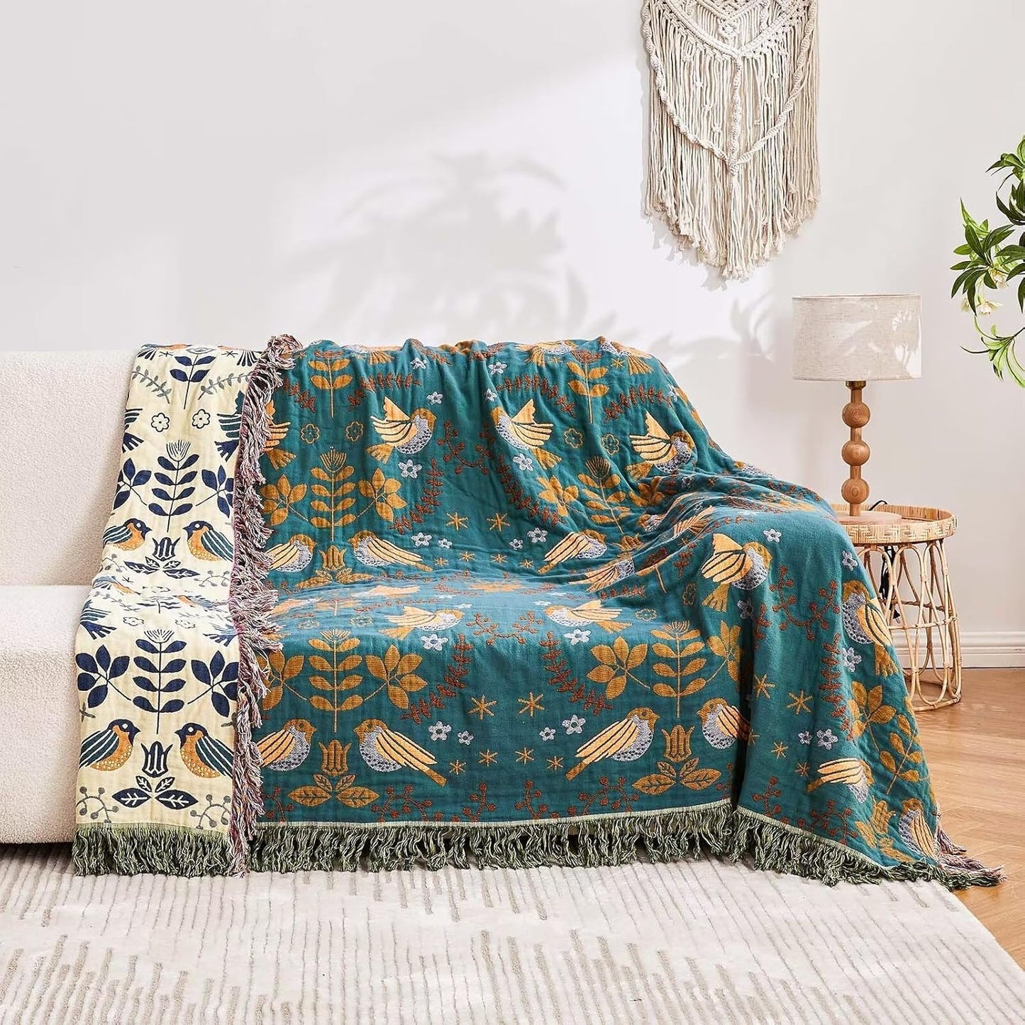 Boho Throw Blanket, 100% Cotton Ultra Soft Luxury Throw Rustic Quilt, 60"x80" Floral Printed Farmhouse Decor Bed Summer Blankets, All Season Rustic Reversible Bohemian Throw for Bed - Blue