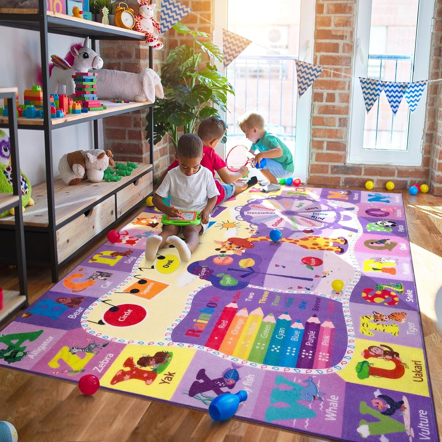 Kids Rugs for Playroom Bedroom Classroom Nursery, Non-Slip and Washable Rugs for Children Toddlers Girls, Educational and Fun Rug Carpets with ABC Alphabet Animals Shapes, 7x10, Purple
