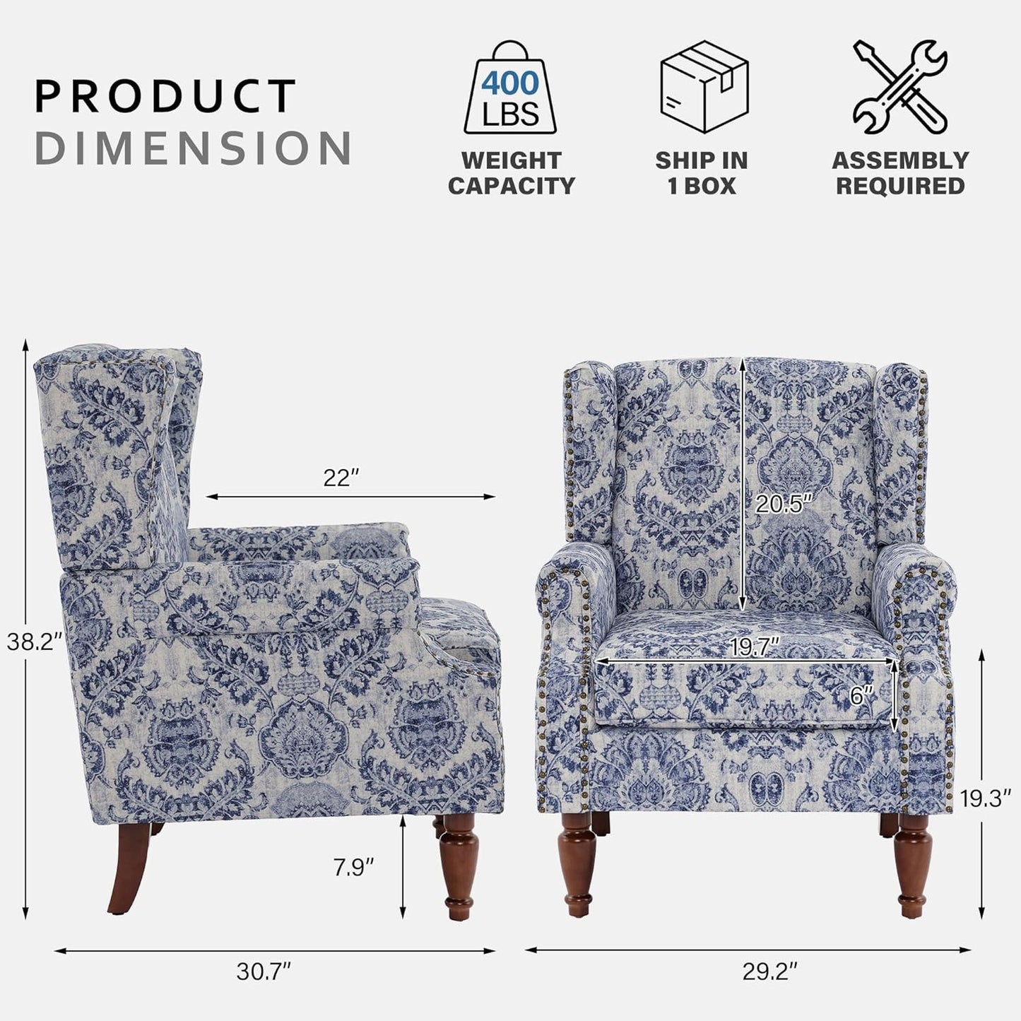 Lumibee High Back Accent Chair Set of 2, Armchair in Fabric,Comfy Upholstered Wingback Single Sofa Reading Chairs with Solid Wood Legs for Living Room,Bedroom,Office-Navy