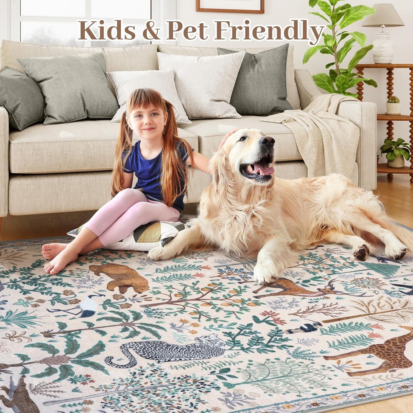 OJIA Jungle Print Washable Area Rugs 5x7, Soft Modern Rugs for Living Room Ultra-Thin Non-Shedding Bedroom Rug, Stain Resistant Neutral Area Rug Large Carpet for Dining Room Kids Nursery Playroom