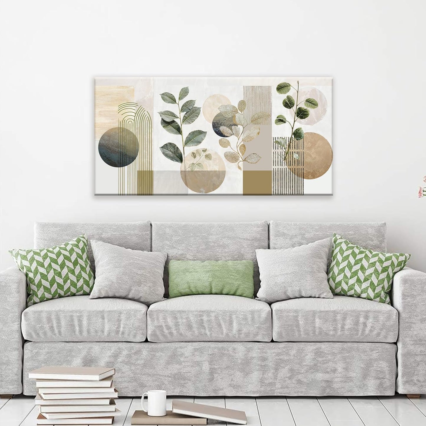 TAIJXAGSG Green Boho Wall Art Minimalist Canvas Wall Art Decor Geometric Line Leaf Beige Green Wall Art Canvas Artwork Print Paintings Abstract Art Botanical Boho Room Office Home Wall Decor 20"X 40"