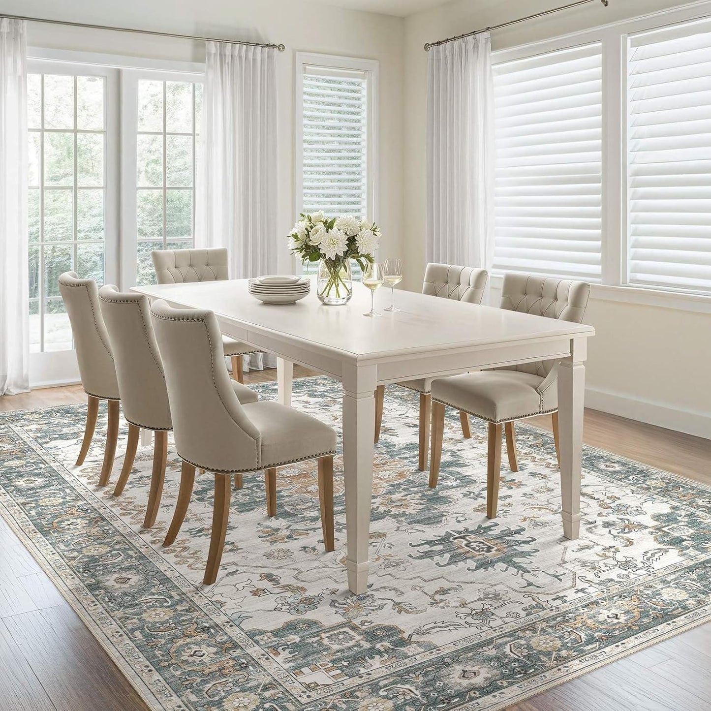 Washable Area Rugs for Living Room -10x12 Neutral Vintage Distressed Floral Farmhouse Boho Large Soft Floor Rug Indoor Non Slip Carpet for Living Room Bedroom Dining Room Office -Green/Grey