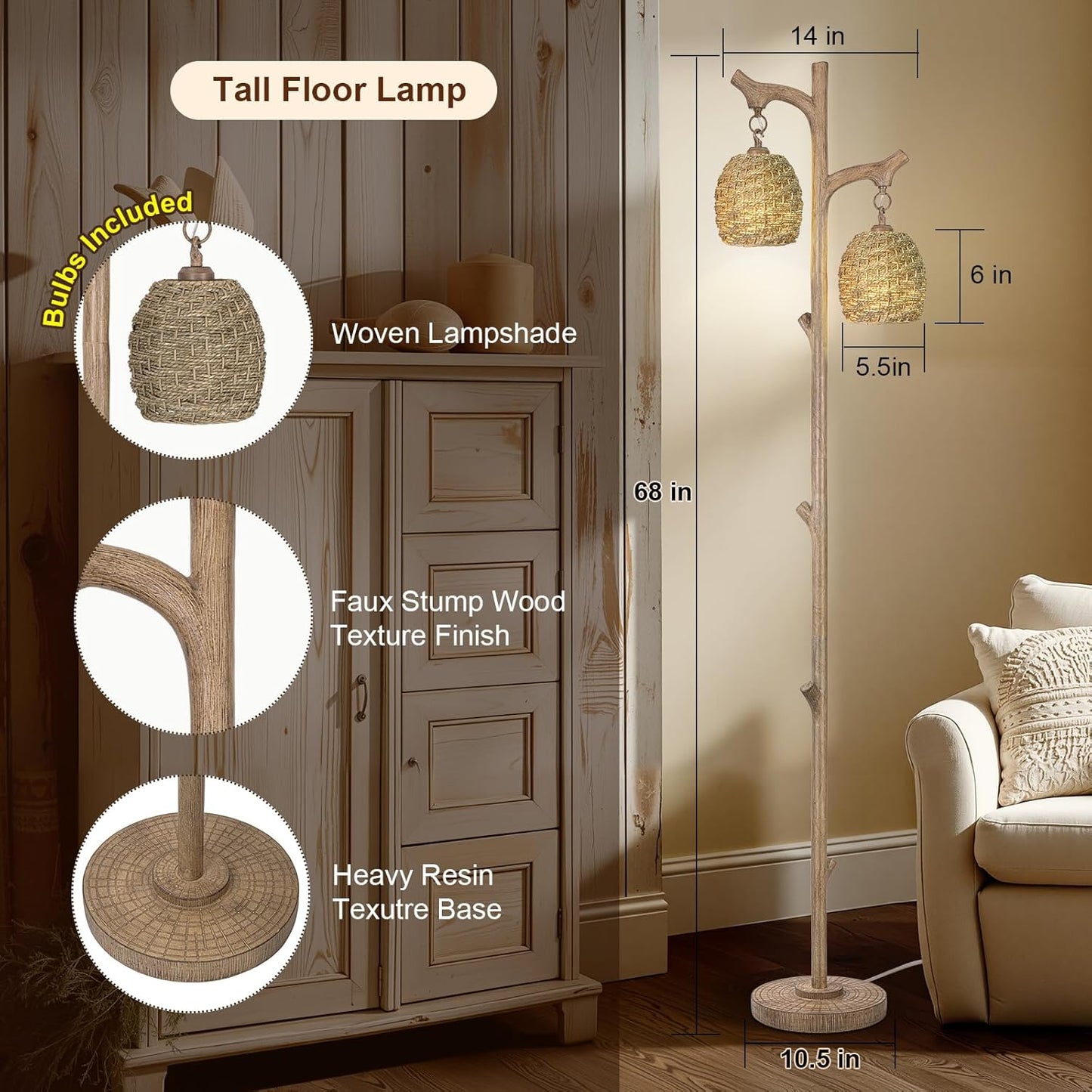 Scenekoy Vintage 68” Tall Floor Lamp with Straw Rope Woven Shade, Retro Resin Standing Lamp Tree Trunk Finish, Dimmable Corner Lamp Stand Up Light with Bulb Prefer for Living Room Bedroom Home Decor