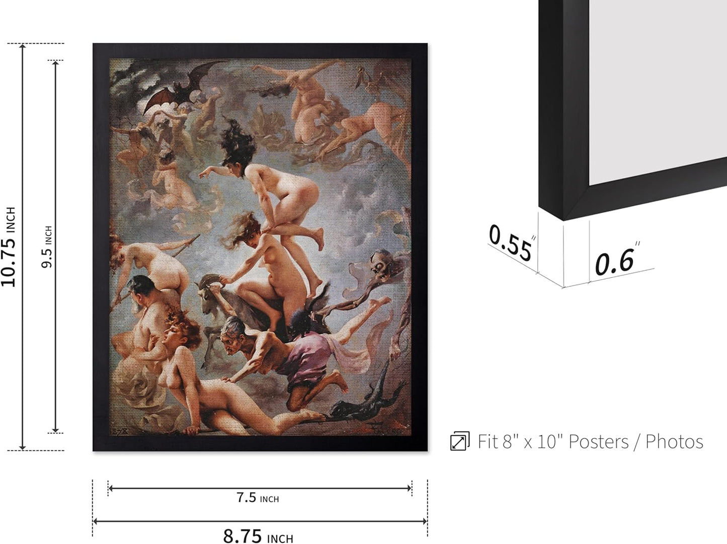 Poster Master Vintage Luis Ricardo Falero Poster - Retro Occult Print - Gift for Gothic, Horror Fan - Witches Going to their Sabbath, Pagan - Wall Decor for Bedroom, Dorm, 8x10 Black Framed