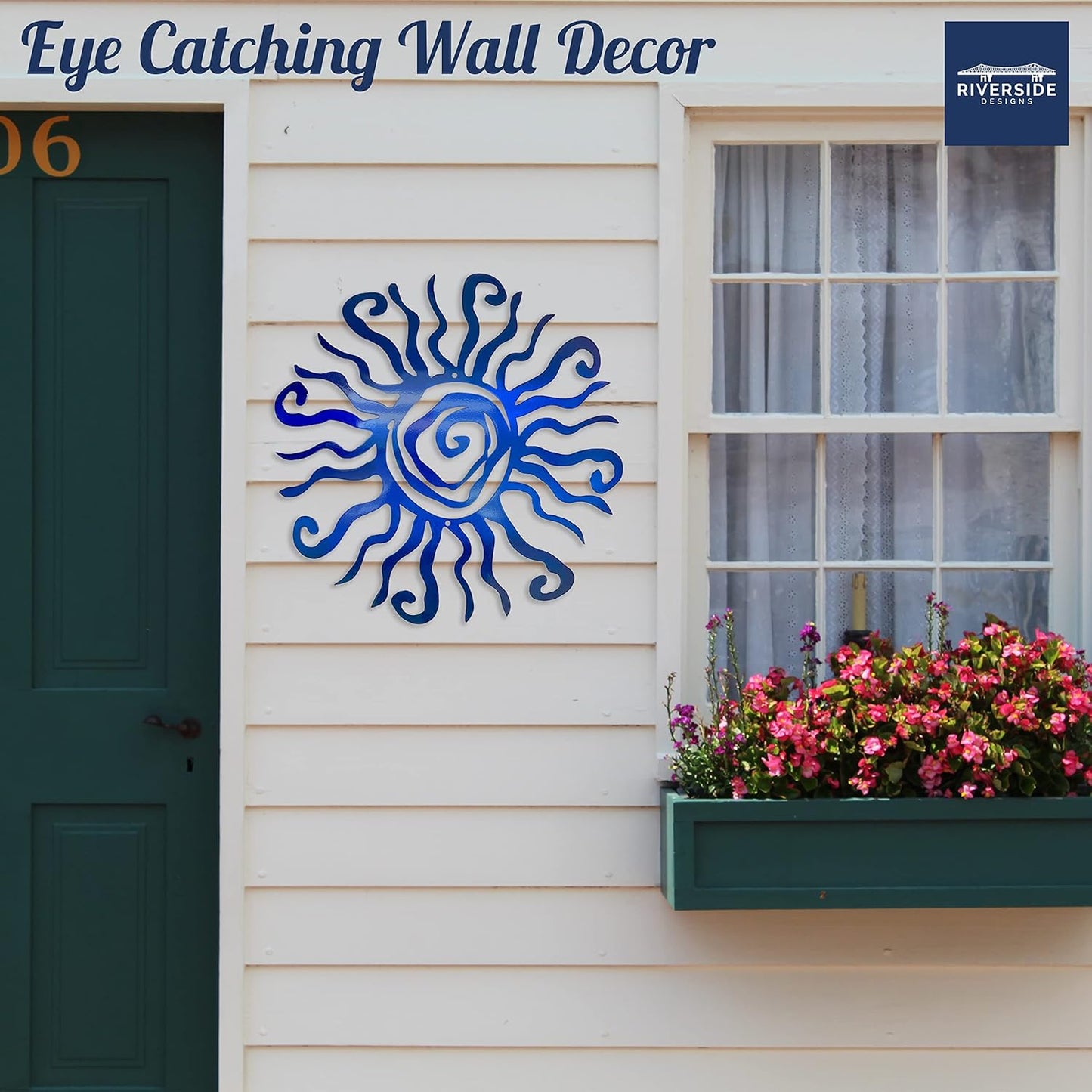 Riverside Designs Wacky Sun Metal Wall Art Indoor/Outdoor Decor - 36" Blue Rust Proof Wall Sculpture - Made in USA - Ideal for Bedroom, Garden, Home, Patio and Farmhouse