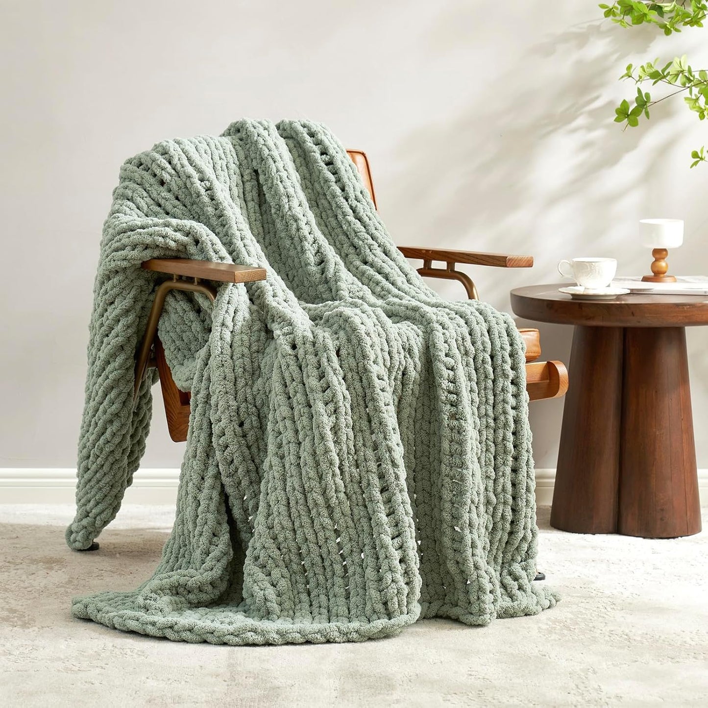Amélie Home Chunky Knit Throw Blanket for Couch, Soft Chenille Crochet Blanket for Kids, 30"x40", Sage Green