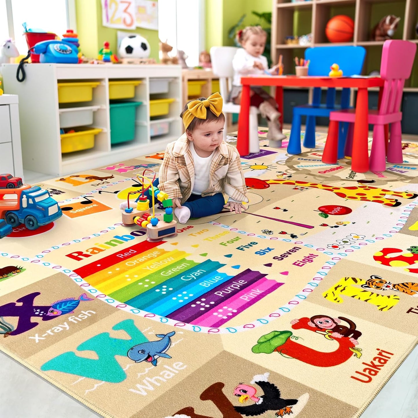 7x10 Playroom Rugs for Kids Washable, Educational and Fun Playmat with ABC Alphabet Animals Shapes Colors, Non-Slip Play Mat Learning Rug for Baby Toddler Children Game Activity，Beige, Pink