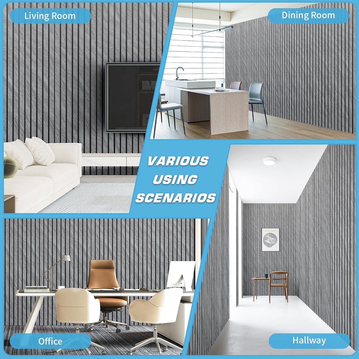 Art3d 4-Pack Glue-On Six-Grid Wainscoting Panel for Interior Wall Decor - 104 x 12 Inch Polystyrene Ultralight Slim Slat Wall Panels for Living Room Bedroom, Granite