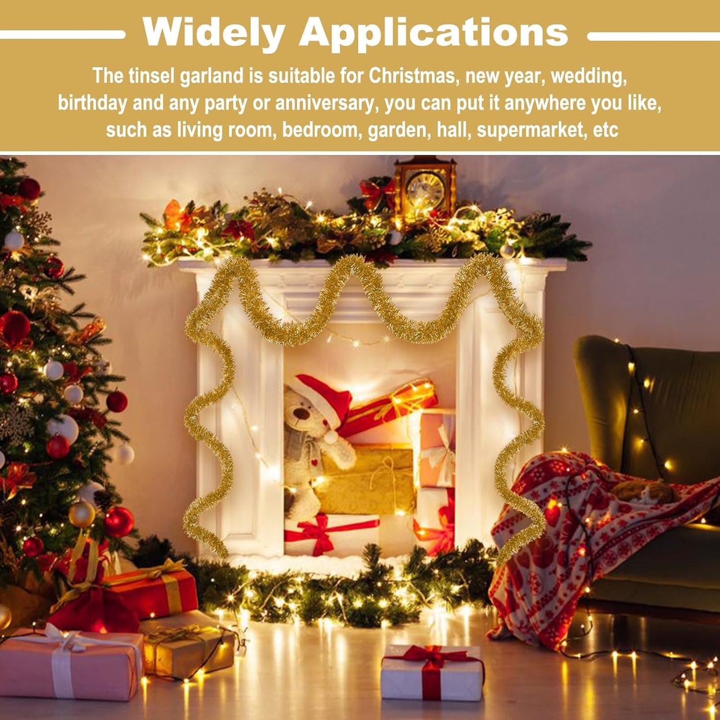 25 Feet Christmas Tinsel Garland, Metallic Twist Wall Hanging Backdrop for Parade Floats, Christmas Eve, New Year, Valentine's Day Party Decorations (Champagne Gold, 4in x 25ft)