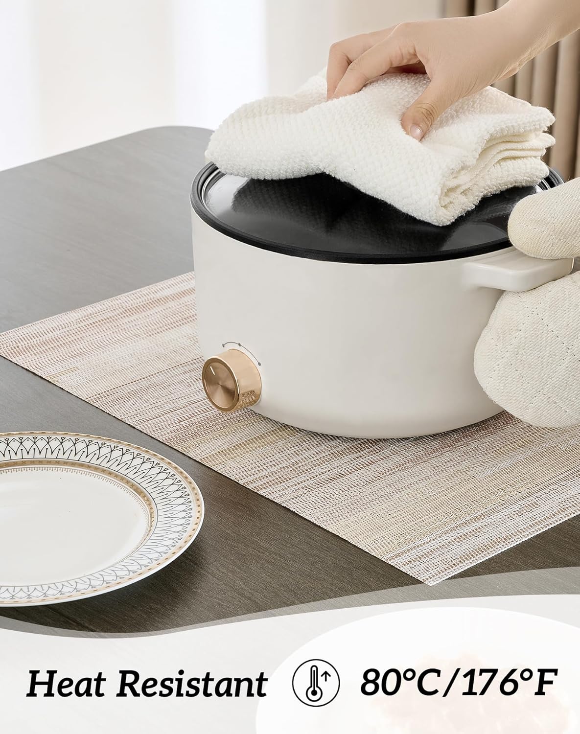 Leetaltree Lightsteel Beige with Yellow Placemats Set of 12 - Heat Resistant Non-Slip Place mats for Dining Table, Washable Durable PVC Vinyl Woven Table Mats (Lightsteel Beige with Yellow, 12)