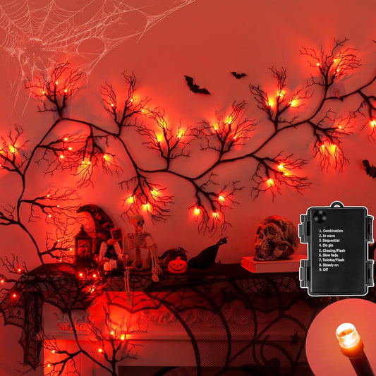 9 Ft 66 LED Willow Vine Twig Decor Black Halloween Garland with Orange Lights, Timer 8 Modes Waterproof Battery Operated Indoor Halloween Decorations for Wall Fireplace Mantle Home Office Party Decor