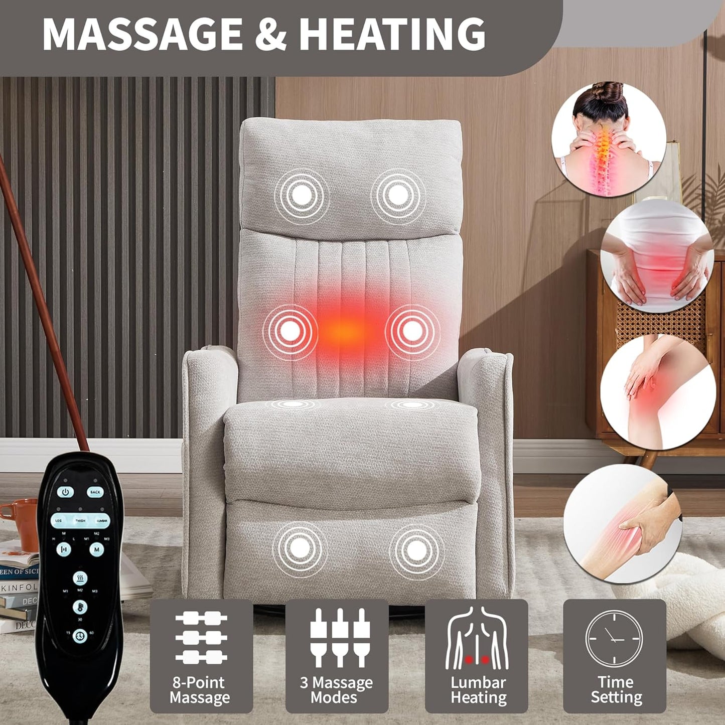 Manual Swivel Rocker Recliner Chair for Adults, Overstuffed Reclining Glider Chair for Nursing with Vibration Massage & Heat, Living Room Rocking Recliner 2-Stage backrest, Chenille Fabric Light Gray