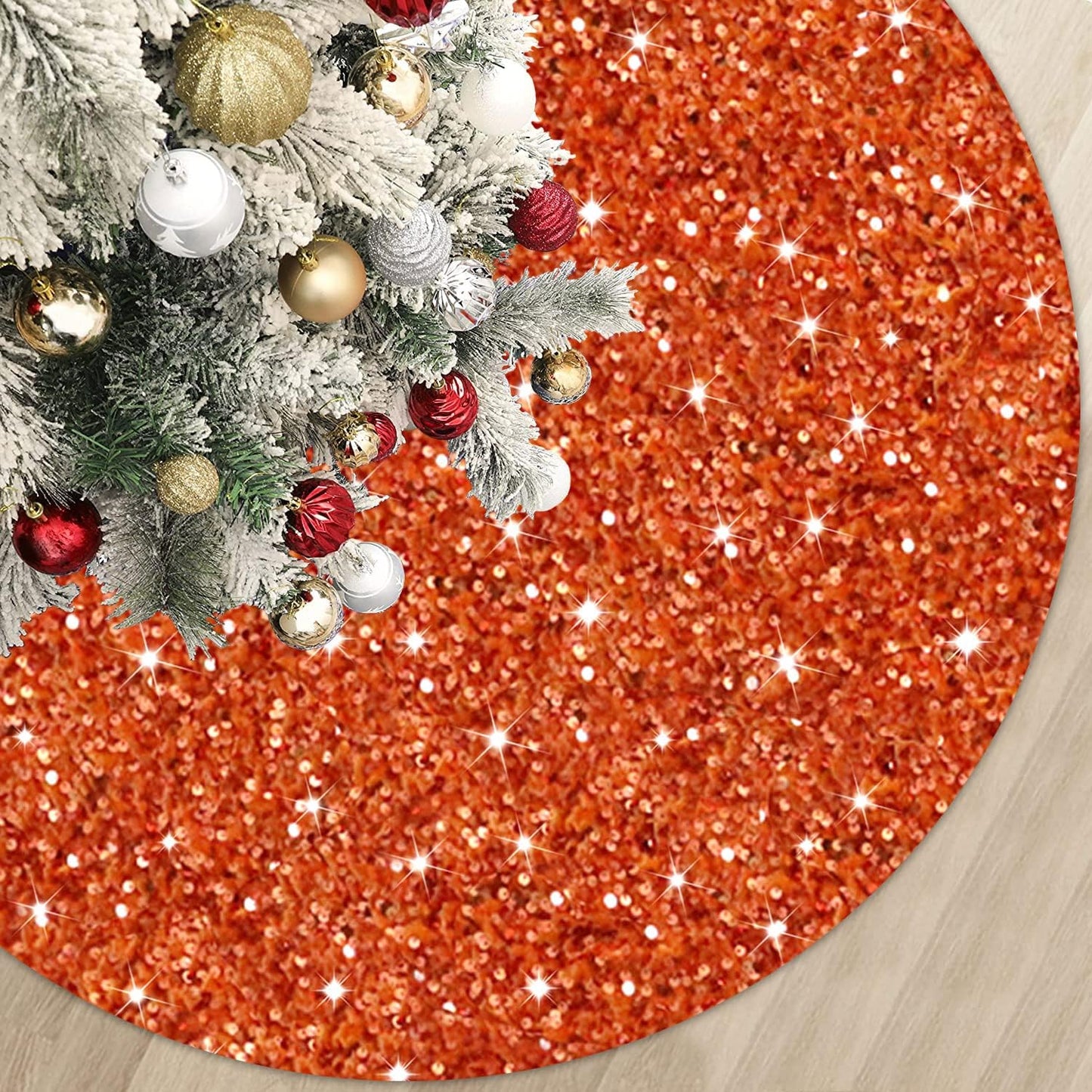 MODFUNS 46 Inch Christmas Tree Skirt Sequins Burnt Orange Xmas Tree Skirt Soft Velvet Christmas Tree Skirts Christmas Tree Ornaments for Halloween Round Fabric Tree Cover Skirt Sequin Metal Tree Base