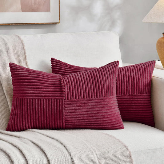 Fancy Homi 2 Packs Burgundy Lumbar Decorative Throw Pillow Covers 14x24 Inch for Living Room Couch Bed, Farmhouse Boho Home Decor, Soft Striped Corduroy Rectangle Accent Cushion Case 35x60 cm