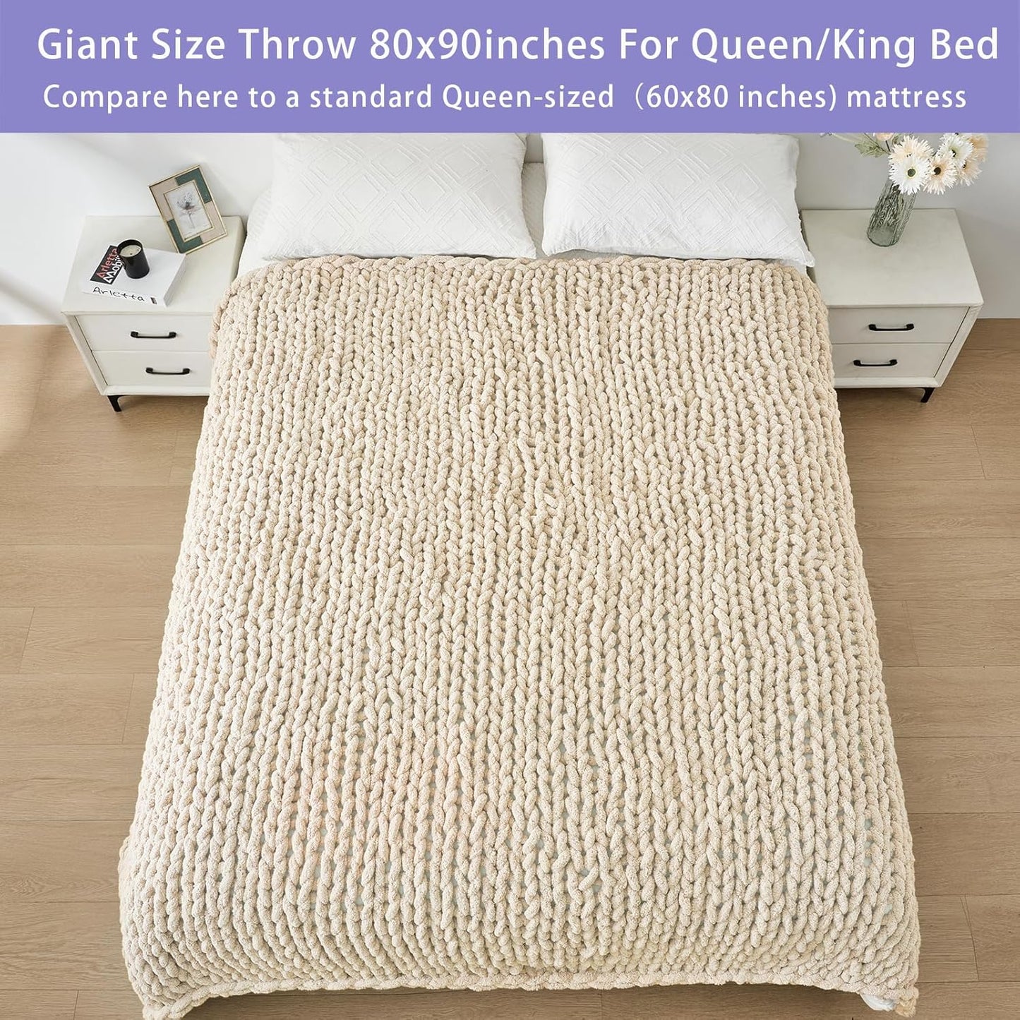 Bigacogo Chunky Knit Throw Blanket for Couch, 80x90 inches, 100% Hand Knitted with Thick Jumbo Chenille Yarn, Cozy Soft Large Rope Knot Cable Crochet Blankets for Sofa Bed Living Room, Beige