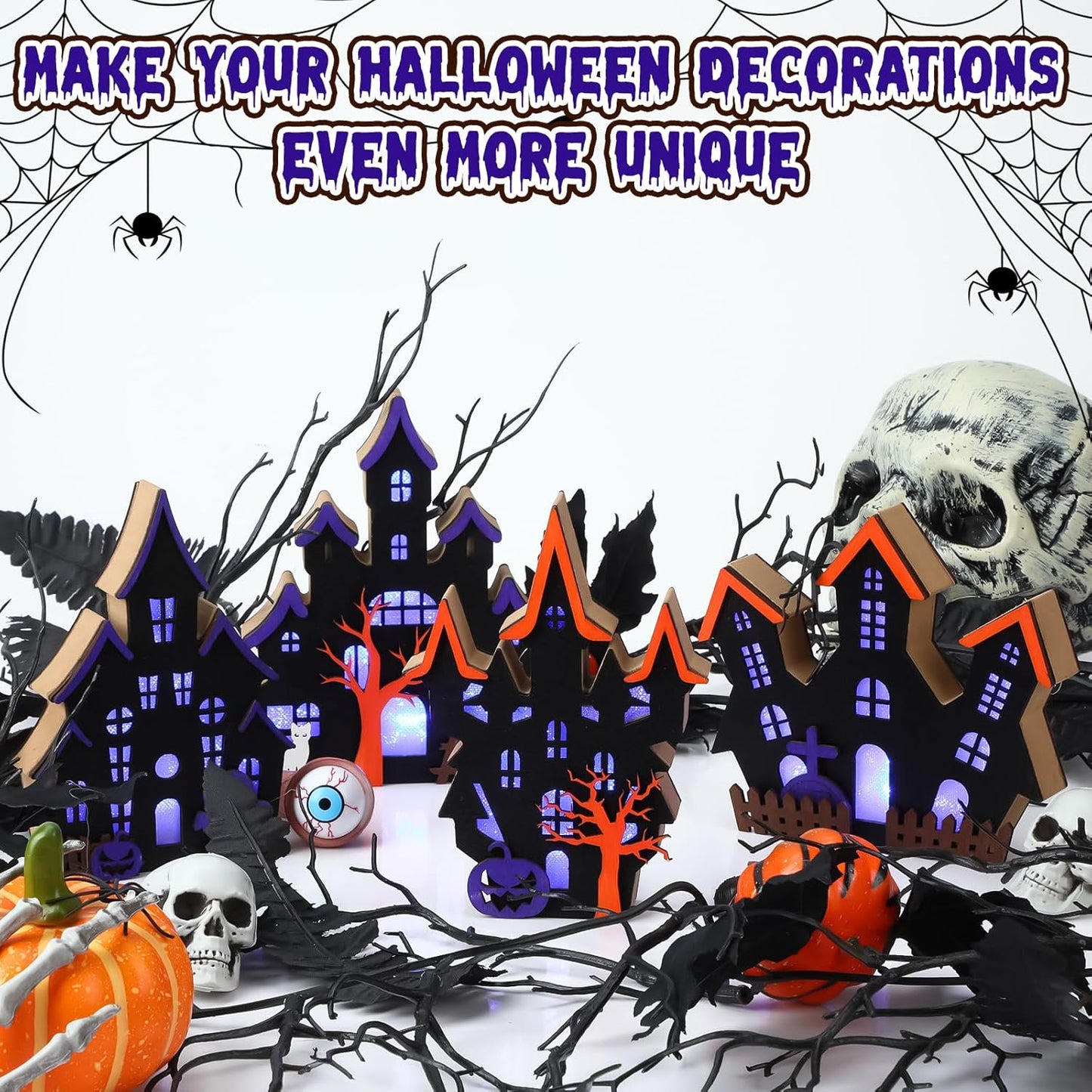 Bucherry 4 Pack Halloween Table Haunted House Decor Lighted Wooden Village Ghost House 3D Tabletop Decorations for Halloween Indoor Home Kitchen Desk Gift(New Style)