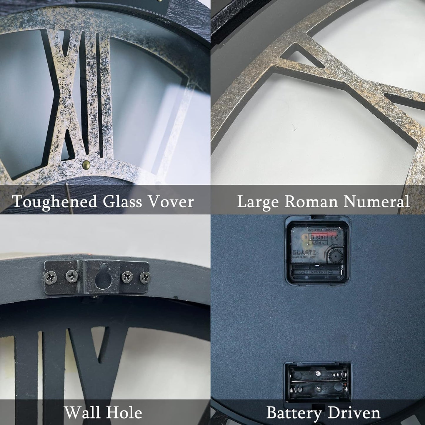 30 Inch Industrial Steampunk Wall Clock, Gray, Battery Operated, Real Rotating Gears, Solid Wood Frame, Oversized Wall Clock for Living Room Decor