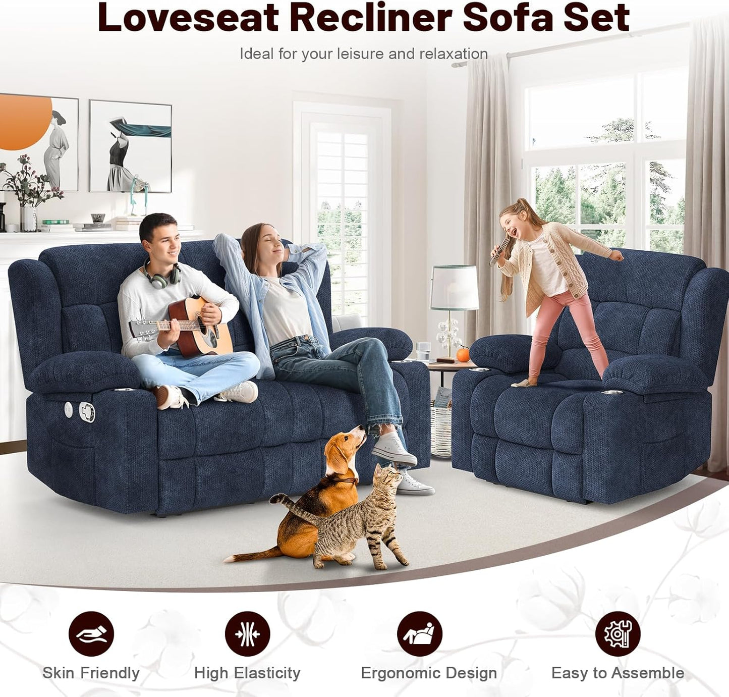 Loveseat Recliner Sofa Set with 2+1 Pieces, 2 Seater Minimalist Style Fabric Manual Pull Tab Reclining Loveseat with USB Charge Ports, Cup Holders, Recliner Couches for Living Room, RV, Blue