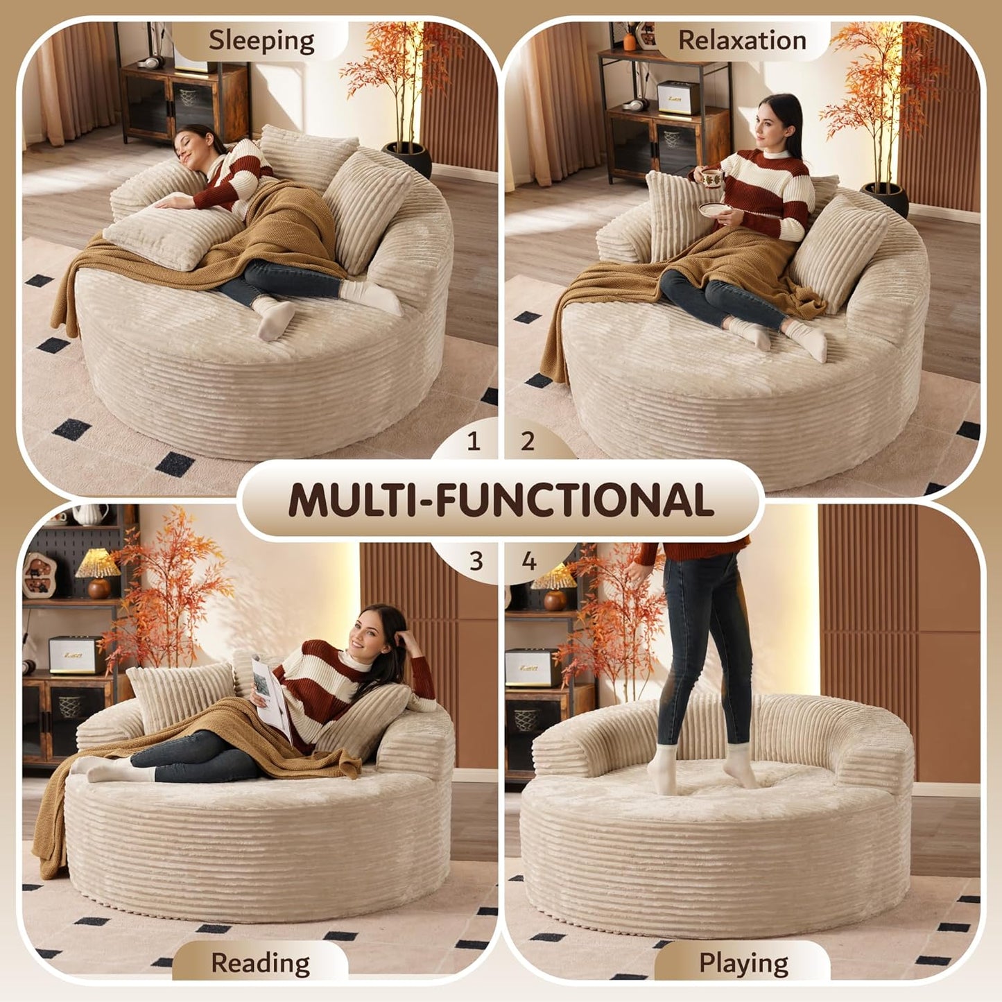 ovios 58" Oversized Round Chair Lounge Chaise Indoor, No Assembly Required, Cloud Large Circle Chair with Plush Fuax Fur, Fluffy Modern Sleeper Sofa Bed for Reading Yoga, Beige (Plush Corduroy Fabric)