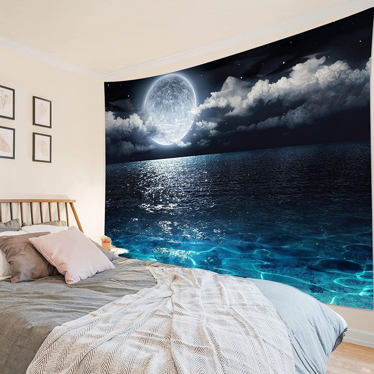LB Moon Over Ocean Tapestry, Night Sky Tapestry Wall Hanging,3D Fantasy Psychedelic Watercolor Wall Art for Bedroom Living Room Dorm Home Decor,48 x 36 Inches
