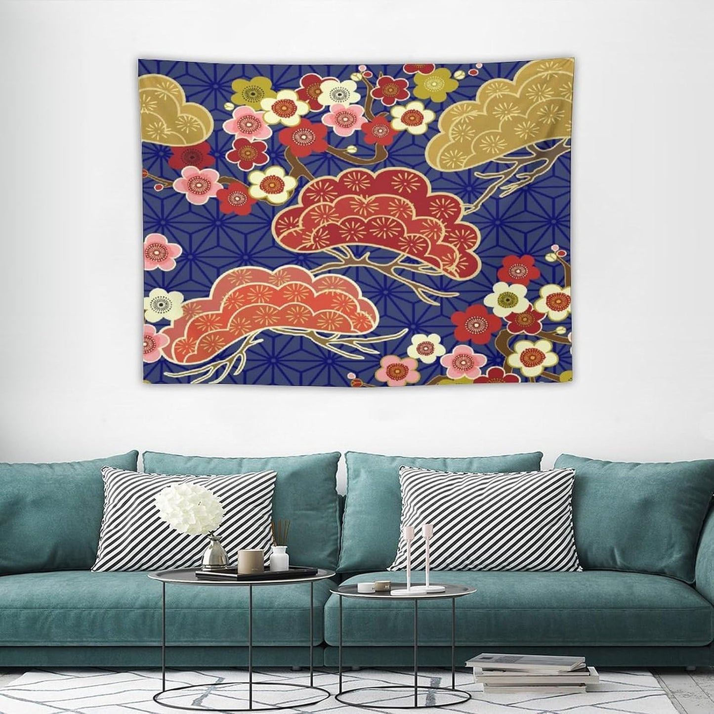 HZOHNAGO Japanese Tapestry Art Abstract Colorful Cherry Blossom Blue Background Pattern Printed Wall Tapestry Painting Wall Hanging for Bedroom Living Room Dorm 40" W x 30" H