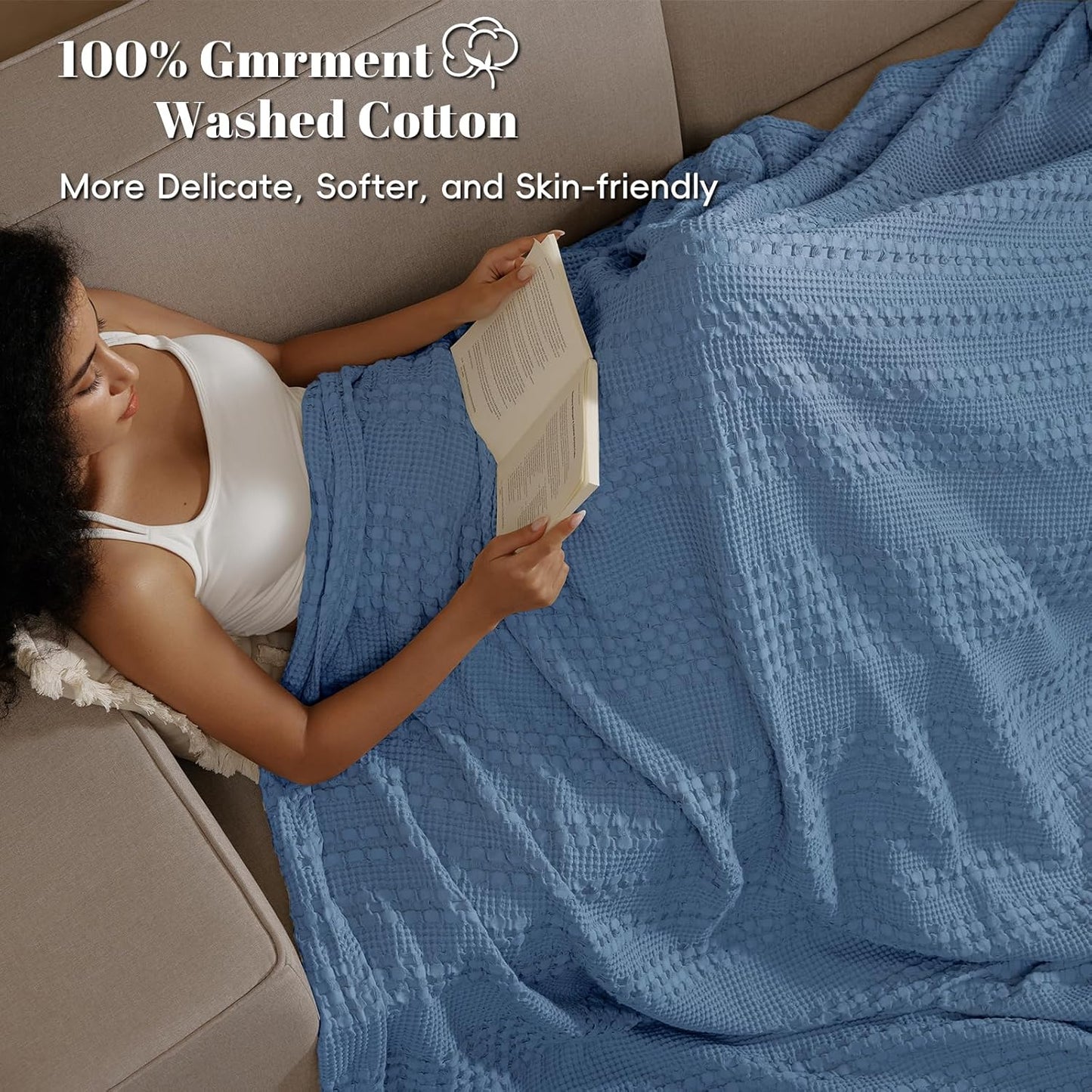 PHF 100% Cotton Waffle Weave Blanket Queen Size, Soft Lightweight Breathable Cozy Summer Blankets for Bed, Luxury Aesthetic Woven Bedding for Home Decor, 90"x90", Captain's Blue