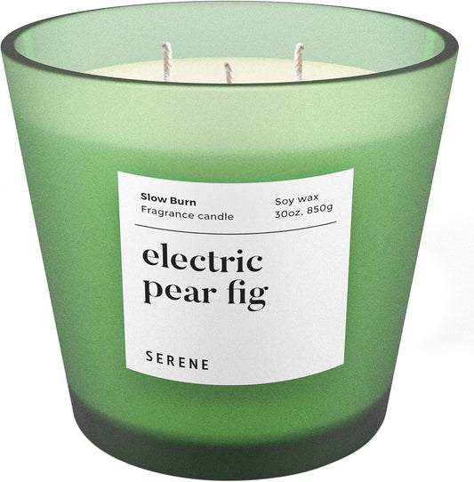 Hidden Label Large Scented Candle, Electric Pear Fig, 30oz 3 Wick Huge Candle, Serene Collection Slow Burn Natural Soy Candles for Home Scented