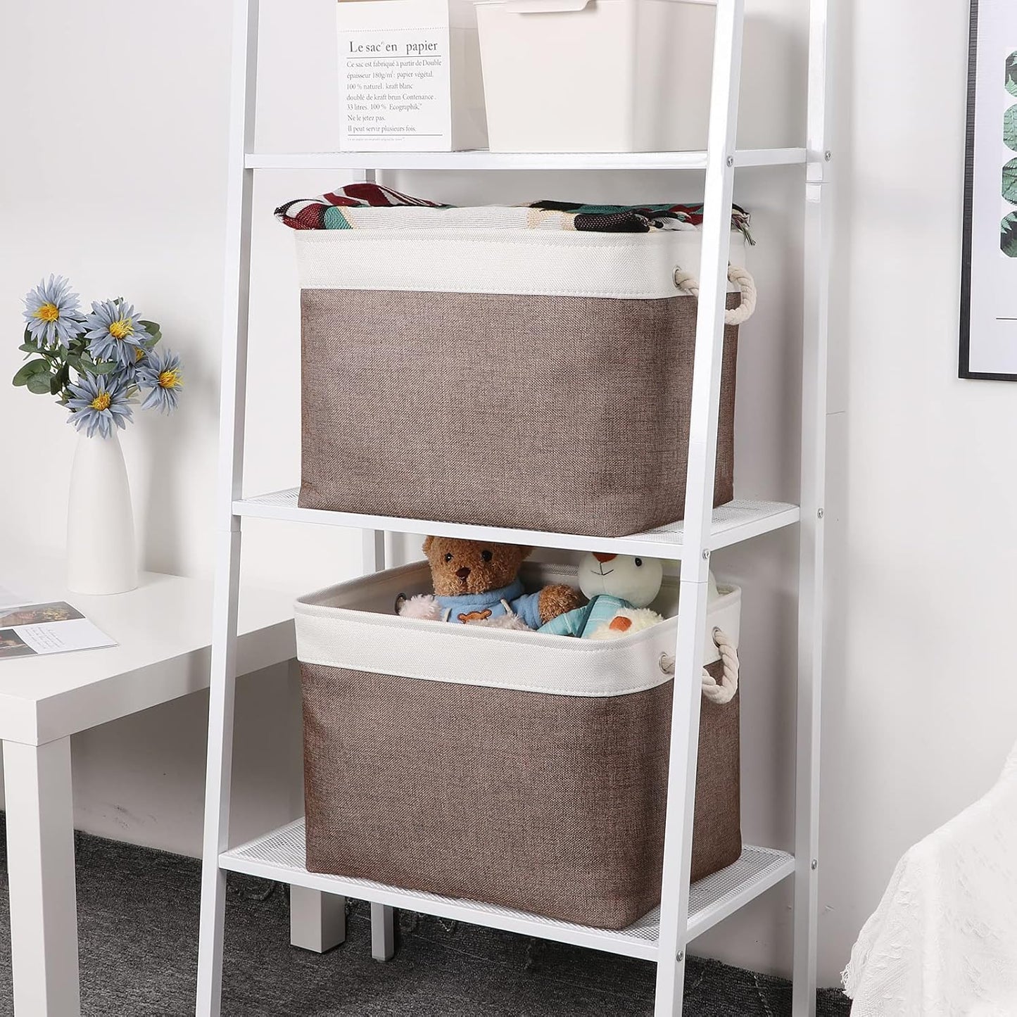 Bidtakay Large Storage Baskets with Handles for Organizing 16" x 11.8" x 11.8" Rustic Shelf Baskets [2-Pack] Foldable Clothes Baskets Fabric Collapsible Bins for Closet (White&Earthy Brown)