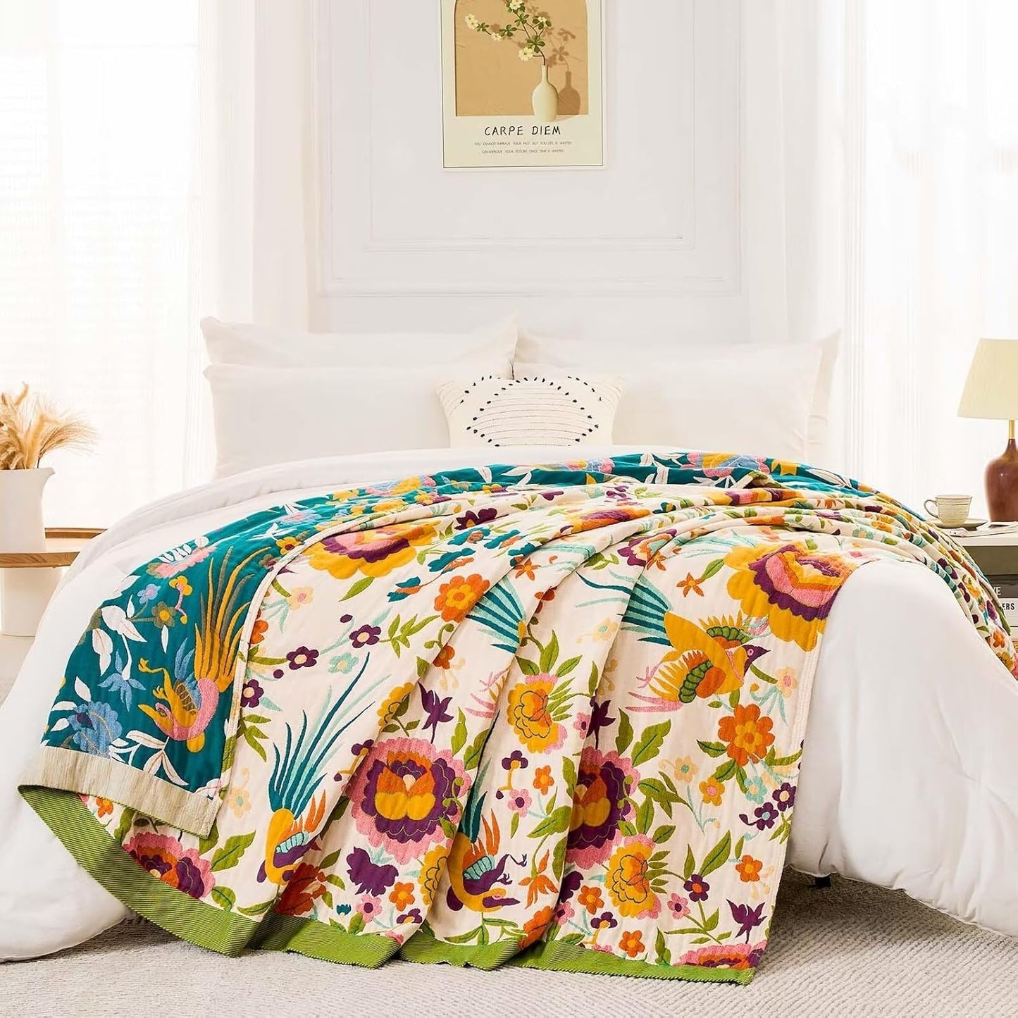 Boho Throw Blanket for Bed, 100% Cotton Soft Rustic Quilt Fall Blanket, 90"x98" Floral Printed Farmhouse Decor Bed Blankets, All Season Rustic Reversible Bohemian Throw Quilt